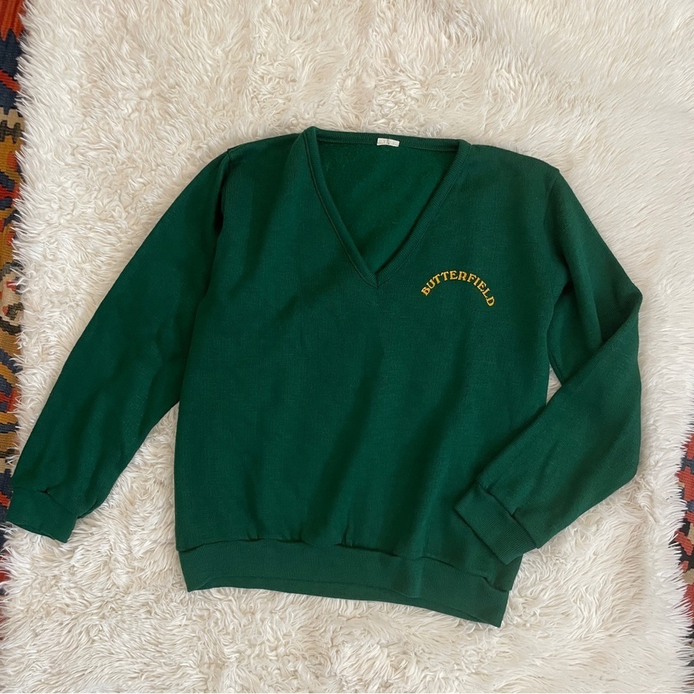 Vintage Green V-Neck Sweater with Gold 'Butterfield' Embroidery